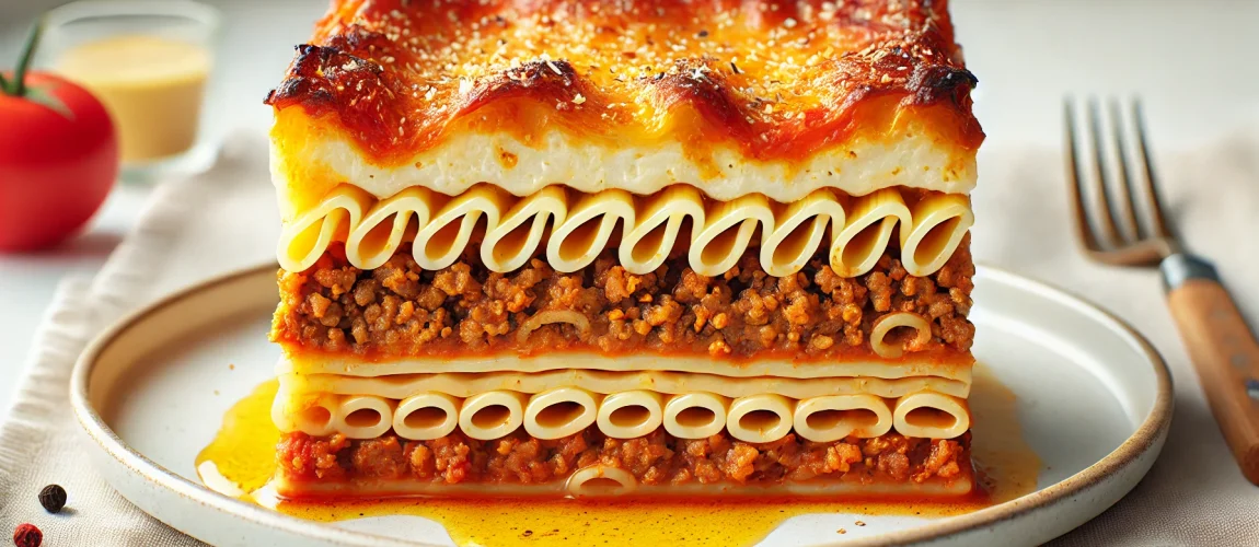 Pastitsio griego con capas de macarrones, carne molida y salsa bechamel horneada.