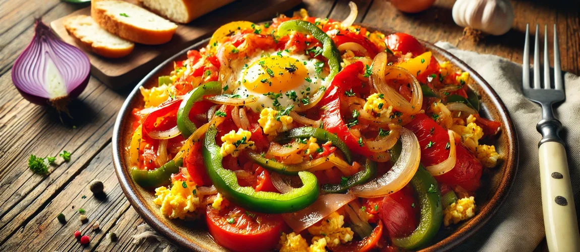 Piperade, un plato de pimientos, cebollas y tomates salteados con huevos.