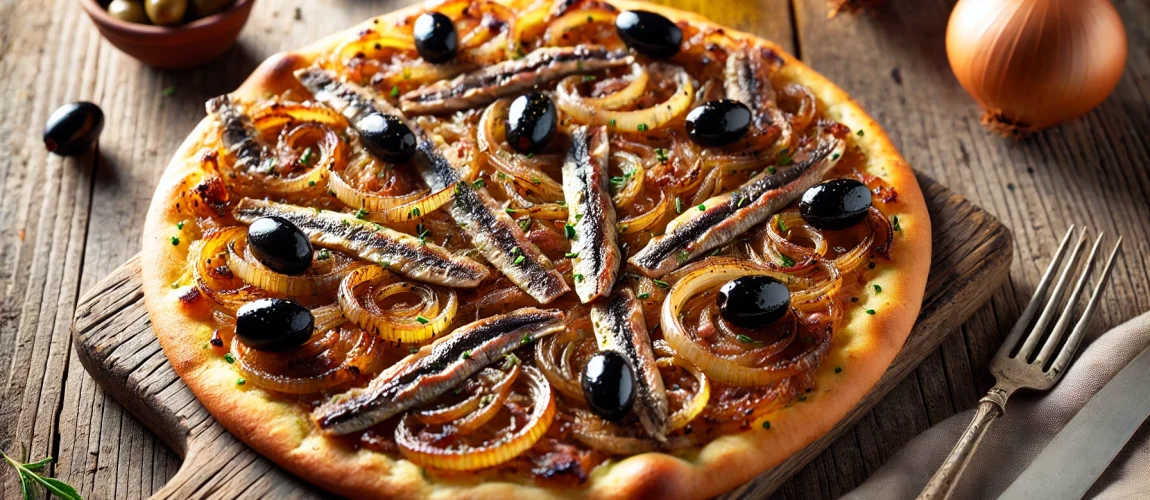 Pissaladière, una tarta salada provenzal cubierta con cebolla caramelizada, anchoas y aceitunas negras.