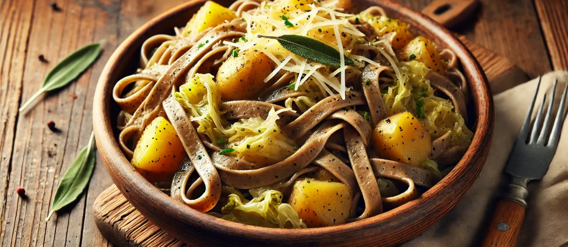Un cuenco rústico de madera lleno de pizzoccheri con trozos de patatas, hojas de repollo y cubierto con queso rallado y hojas de salvia fresca, todo dispuesto sobre una mesa de madera.