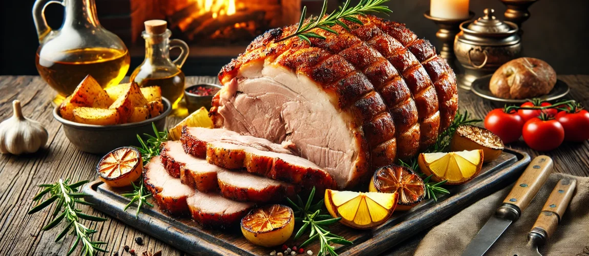 Un generoso trozo de porchetta asada, acompañada de patatas y rodajas de limón, con fondo de fuego cálido y decoración con hierbas frescas.