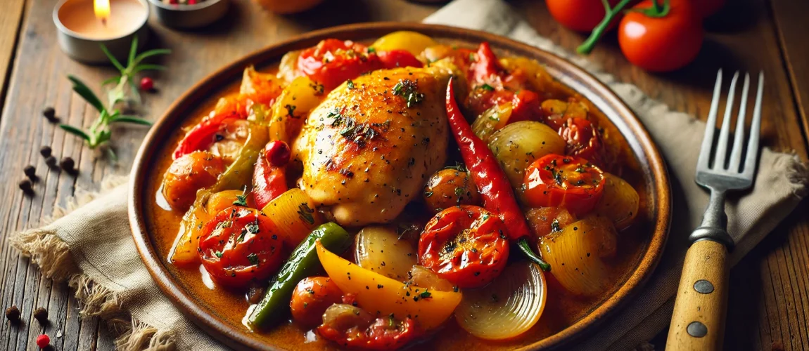 Poulet Basquaise, un guiso de pollo cocido con pimientos, tomates y cebolla, típico de la región vasca.