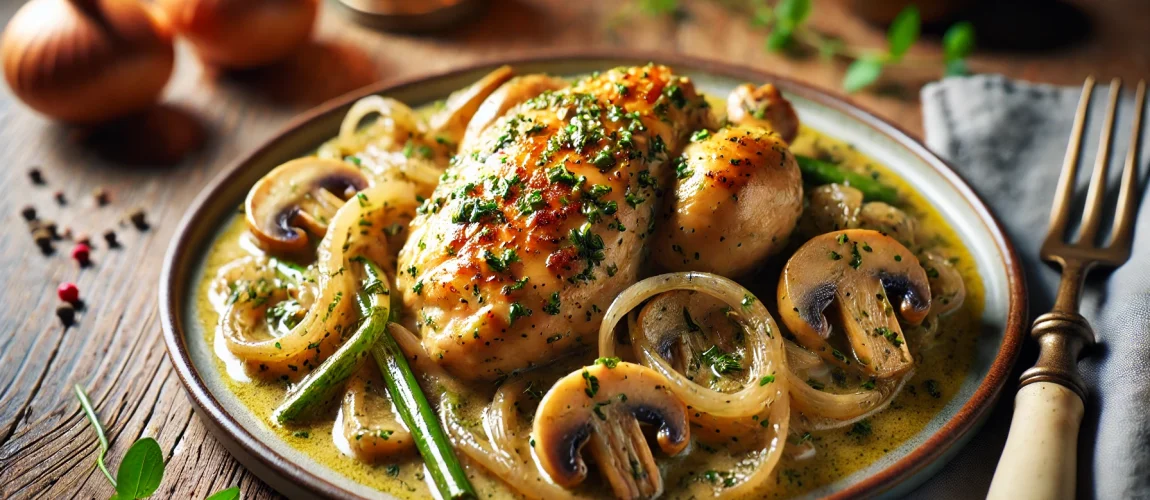 Poulet à l'Estragon, pollo cocido con salsa de estragón, champiñones y cebollas.