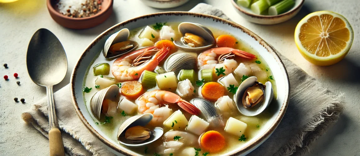 Psarosoupa, sopa de pescado griega con camarones, almejas, papas y verduras.