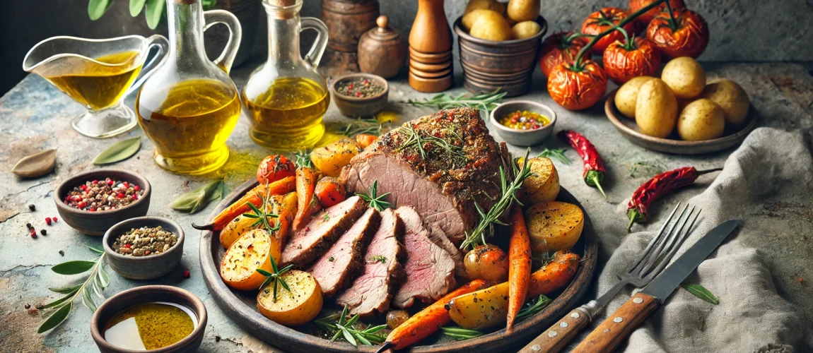 Psito, carne asada griega servida con papas, zanahorias y hierbas frescas, acompañada de aceite de oliva.