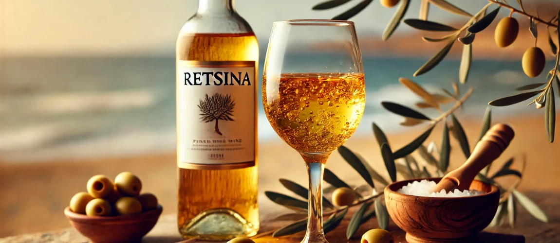Botella de vino Retsina griego con una copa de vino blanco servida en una mesa.
