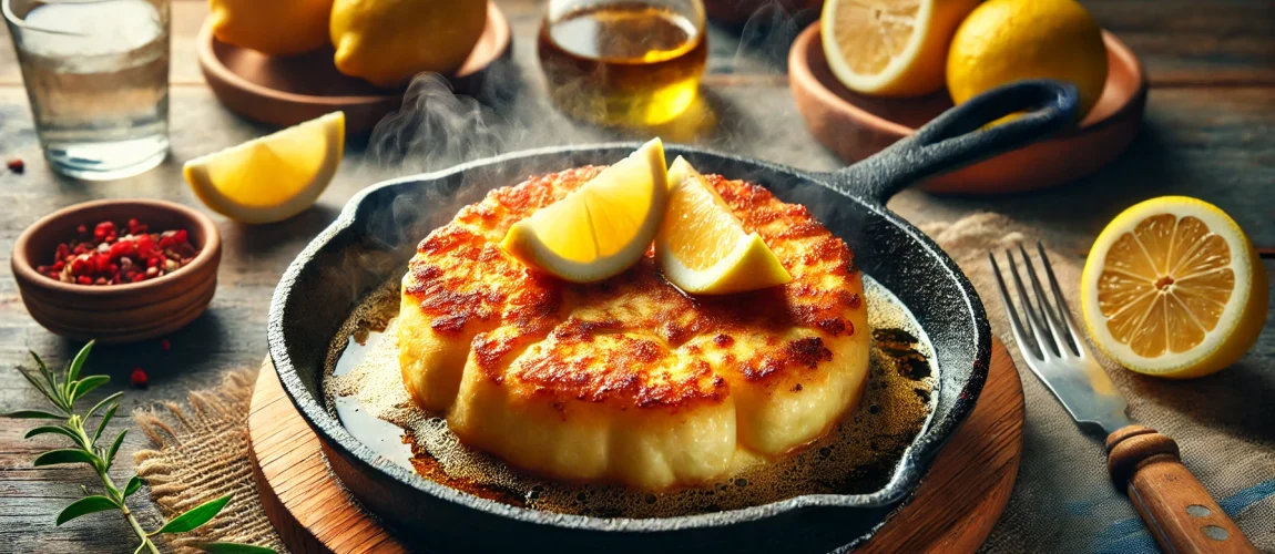 Saganaki griego de queso frito servido con rodajas de limón.