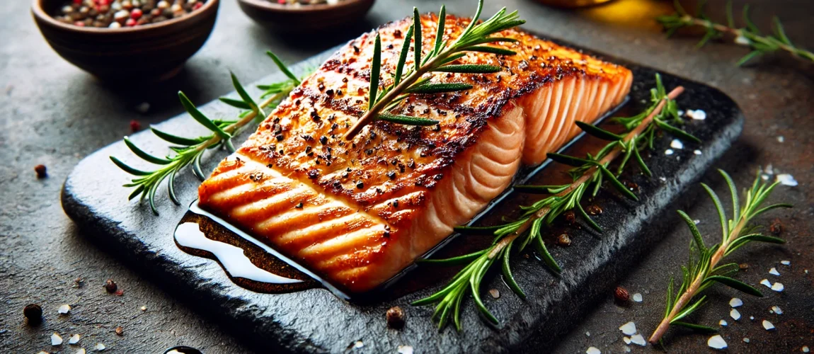 Un filete de salmón a la parrilla (Salmão Grelhado) servido en un plato de piedra negra. El salmón tiene una piel crujiente y dorada, con el interior tierno y jugoso. Está decorado con ramitas frescas de romero y sal marina esparcida a su alrededor.