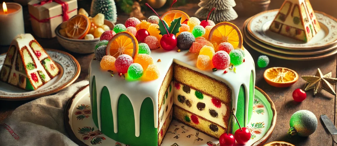 Cassata siciliana tradicional con cobertura de mazapán verde y glaseado blanco. Decorada con frutas confitadas, incluidas cerezas y rodajas de naranja. Un trozo está cortado, mostrando capas de ricotta y frutas confitadas en su interior, todo presentado en un ambiente festivo con adornos navideños de fondo.