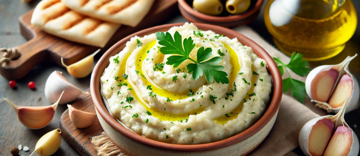 Skordalia, puré griego de papas y ajo con aceite de oliva, acompañado de pan pita.