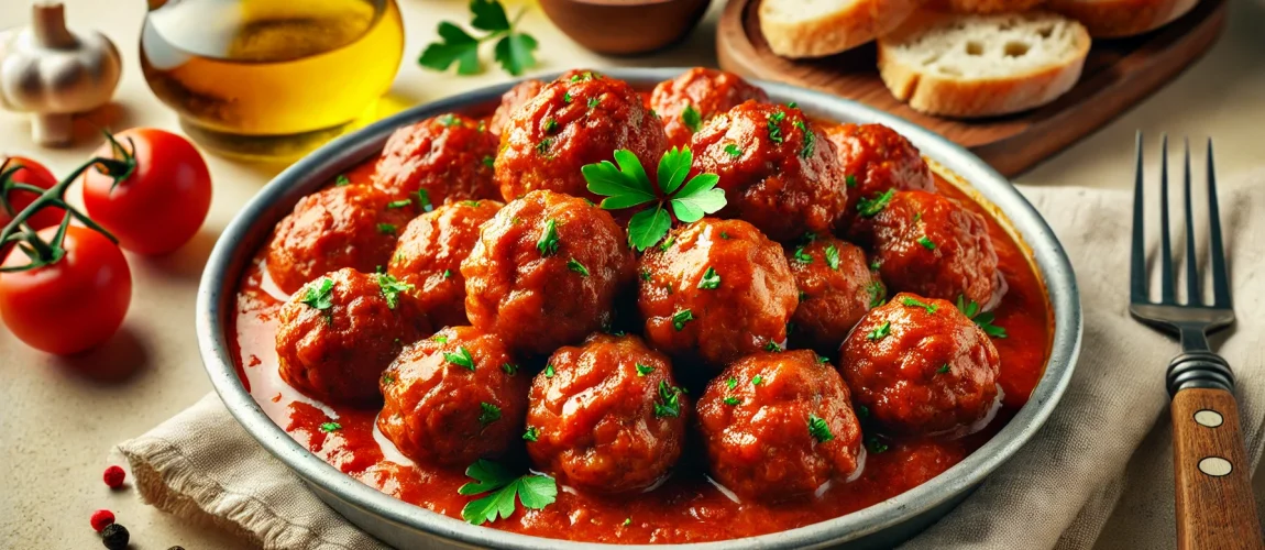 Soutzoukakia, albóndigas griegas de carne en salsa de tomate, servidas con pan.
