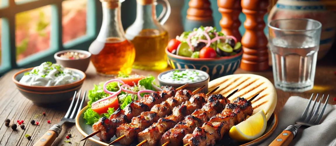 Souvlaki griego de cerdo con guarnición de ensalada, tzatziki y pan pita.