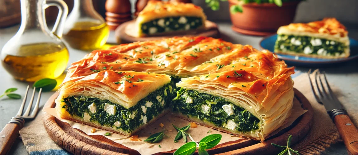 Spanakopita, el pastel griego de espinacas y queso feta envuelto en masa filo crujiente.