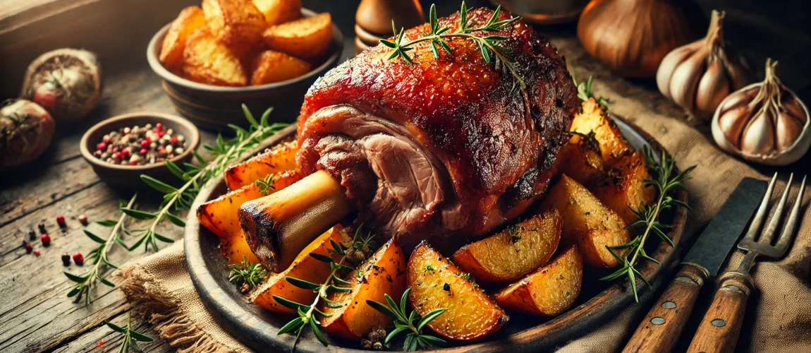 Un plato de stinco di maiale asado, acompañado de patatas doradas y hierbas frescas como romero, servido sobre una bandeja rústica de madera.