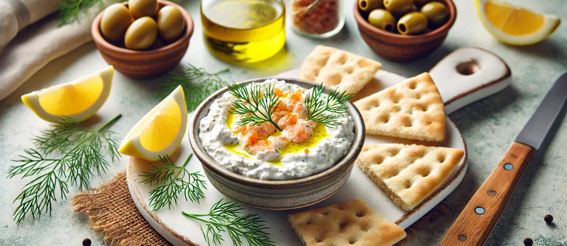 Taramasalata, dip griego de huevas de pescado servido con aceitunas y pan.