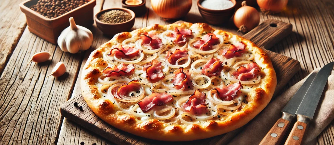 Tarte Flambée, una tarta fina cubierta con crema, cebolla y tocino, servida caliente.