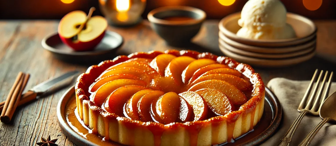 Tarte Tatin de manzana caramelizada, servida con helado de vainilla.