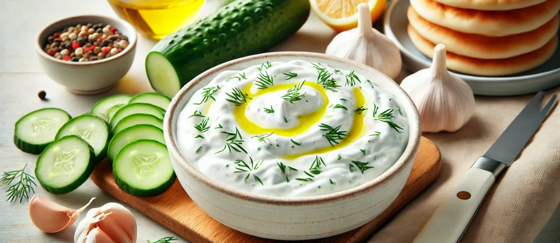 Tzatziki, salsa griega de yogur con pepino, ajo y eneldo, servida con pan pita.