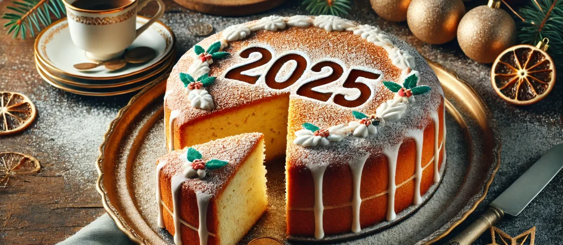 Vasilopita, pastel griego de Año Nuevo decorado con el número "2025", espolvoreado con azúcar glas y adornado con hojas de acebo.