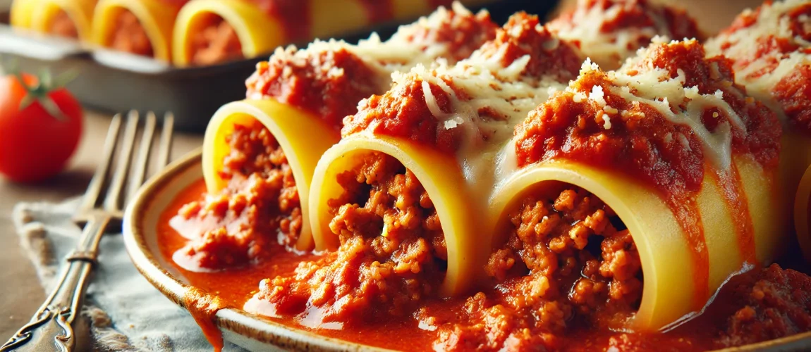Un plato de canelones rellenos de carne, cubiertos con salsa de tomate y gratinados con queso, dispuestos sobre un plato de cerámica, con una presentación clásica y detallada.