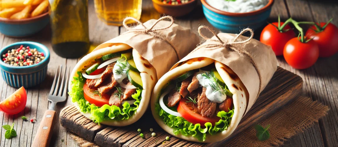Gyro griego envuelto en pan pita con carne de cordero, vegetales y salsa tzatziki.
